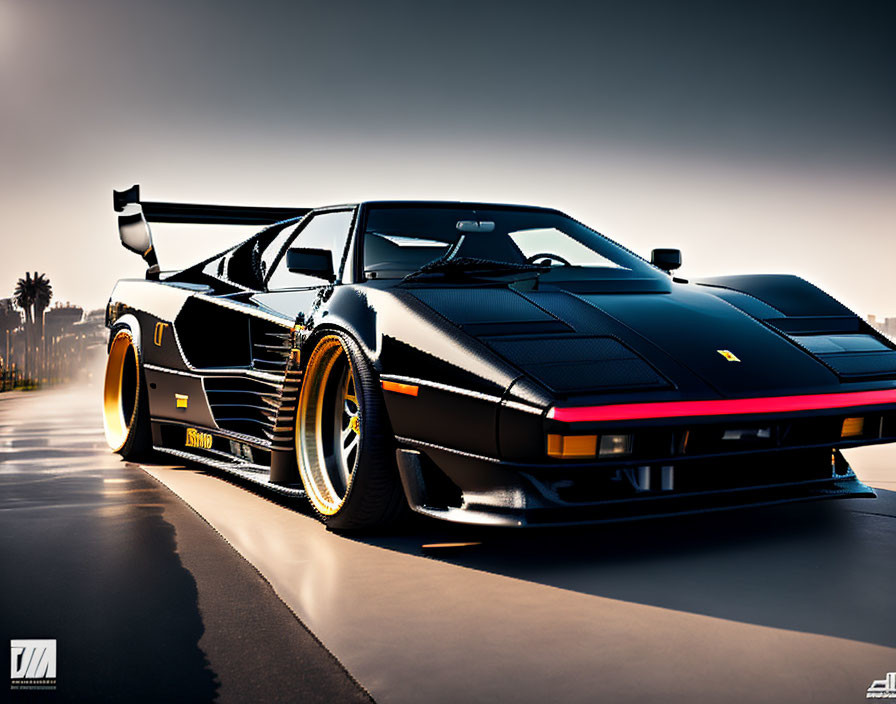 Black Sports Car with Gold Rims Parked on Asphalt at Dusk