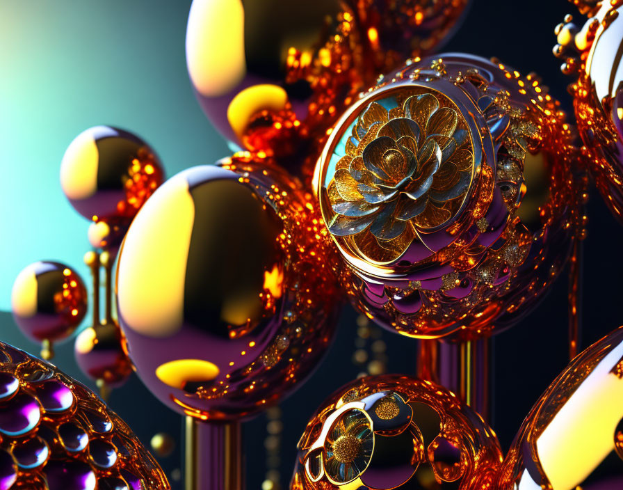 Shiny spheres and golden floral structures on blue background