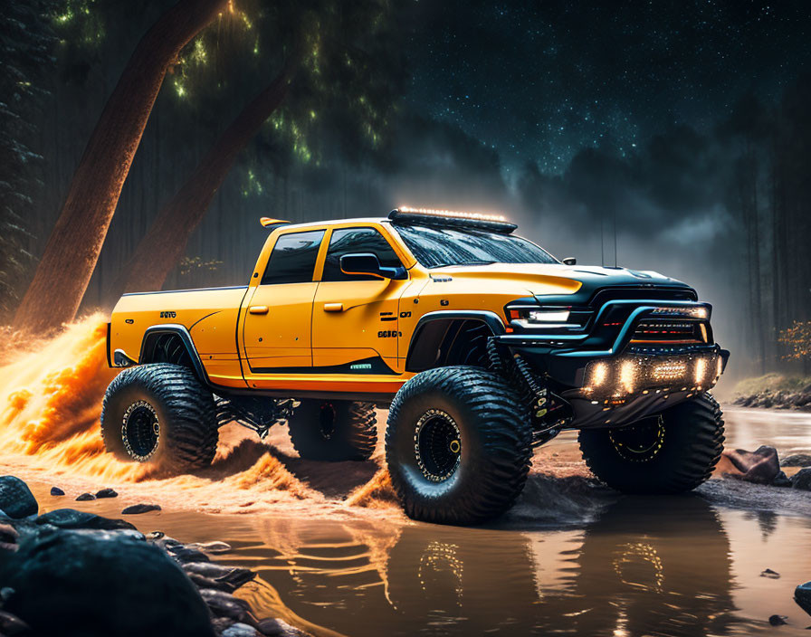 Yellow off-road pickup truck crossing stream at night with headlights on and smoke, forest backdrop