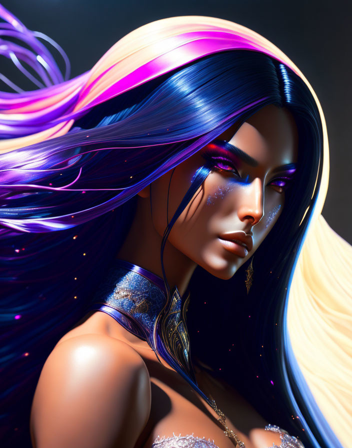 Vibrant blue and purple hair female character with metallic golden accessories on dark background