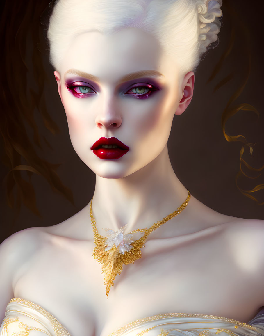 Digital portrait of woman with pale skin, green eyes, red lipstick, gold necklace, white hair,