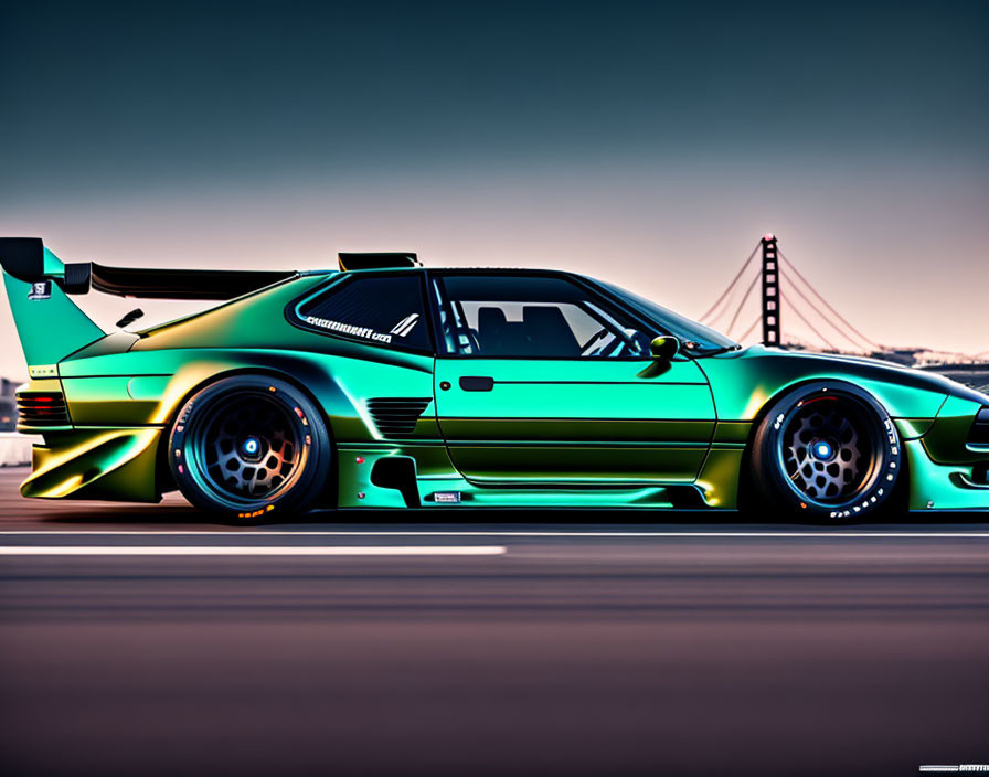 Vibrant teal and green wide-body sports car at sunset