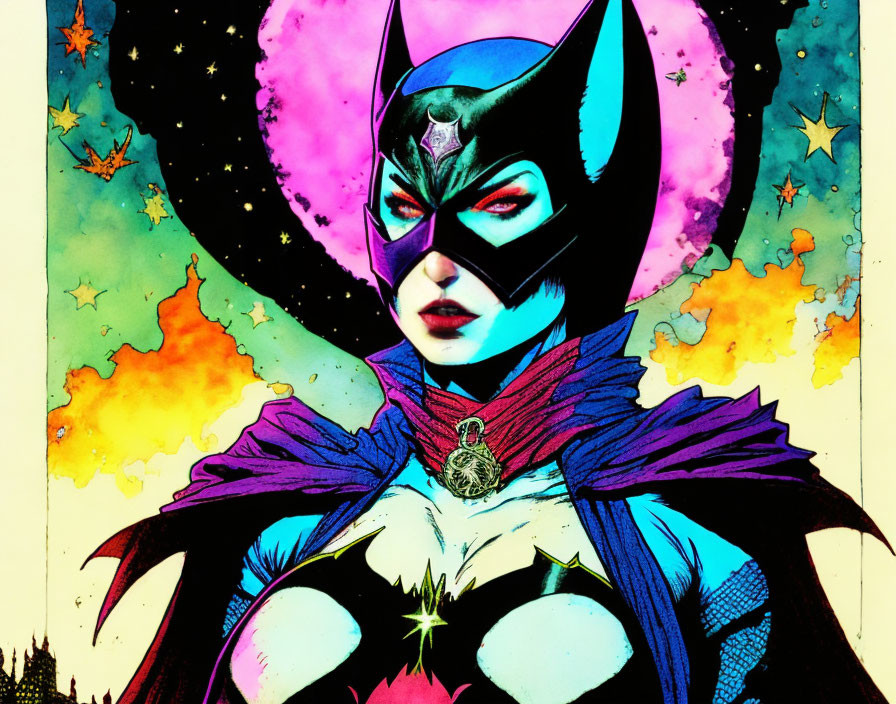 Female superhero with cowl and cape in vibrant comic book illustration