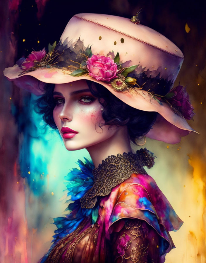 Woman portrait with dramatic makeup and floral hat on vibrant abstract background