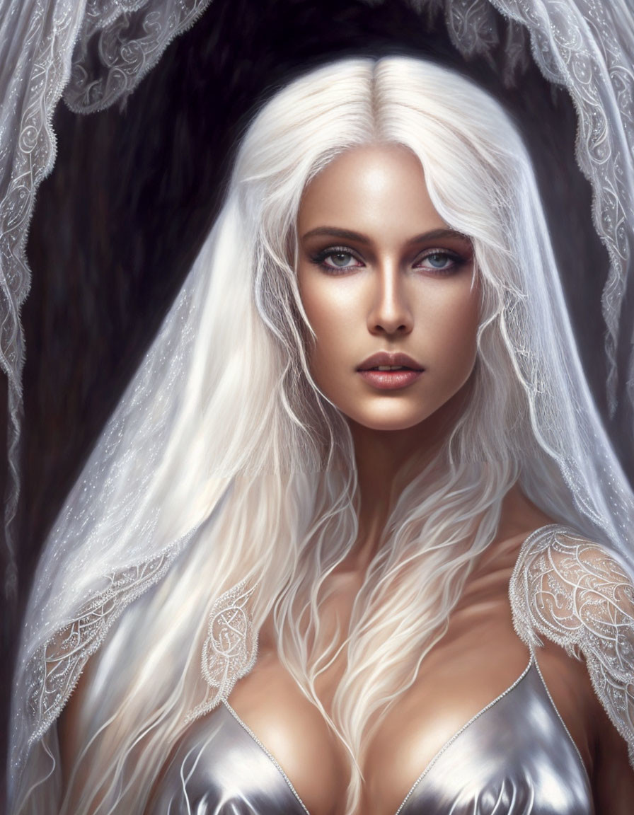 Portrait of Woman with White Hair, Blue Eyes, Silver Dress, and Lacy Veil