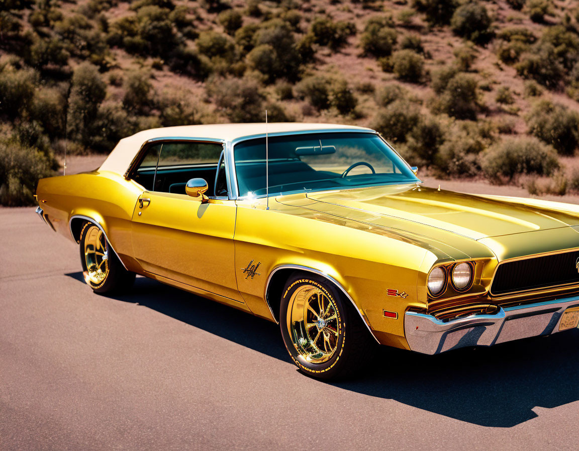 Yellow Dodge Charger with Black Stripes and Chrome Detailing on Desert Asphalt