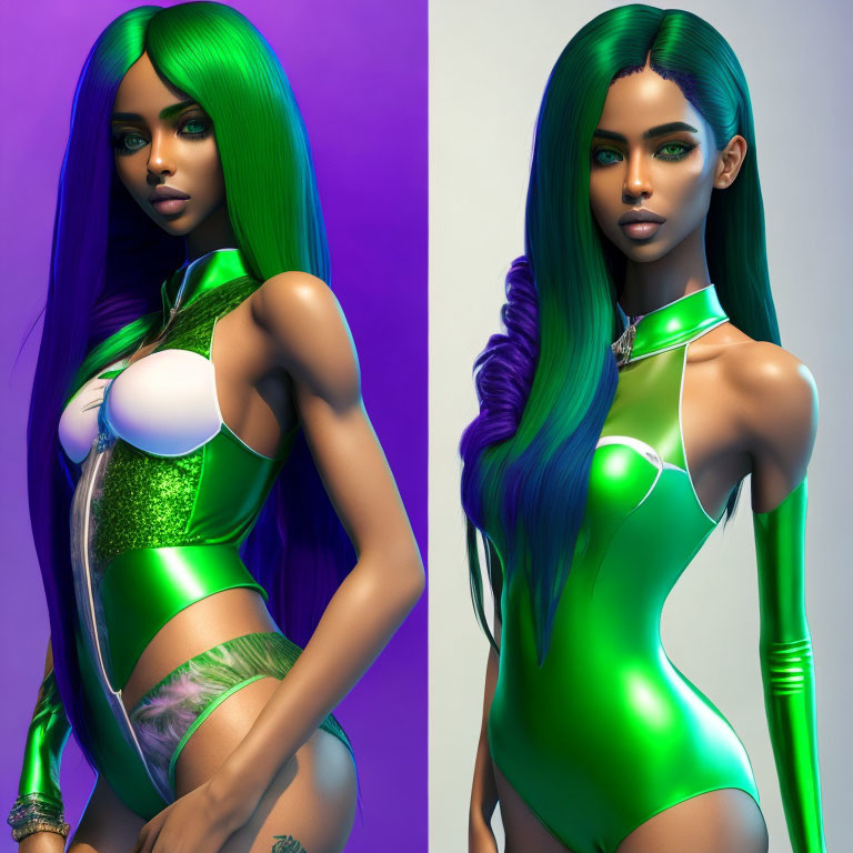 Digital artwork: Woman with long green hair and green eyes in futuristic green bodysuit