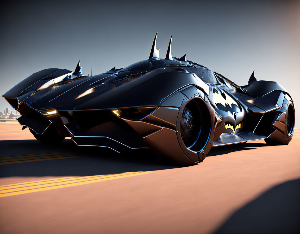 Futuristic black Batmobile with bat-like wings on road at dusk or dawn