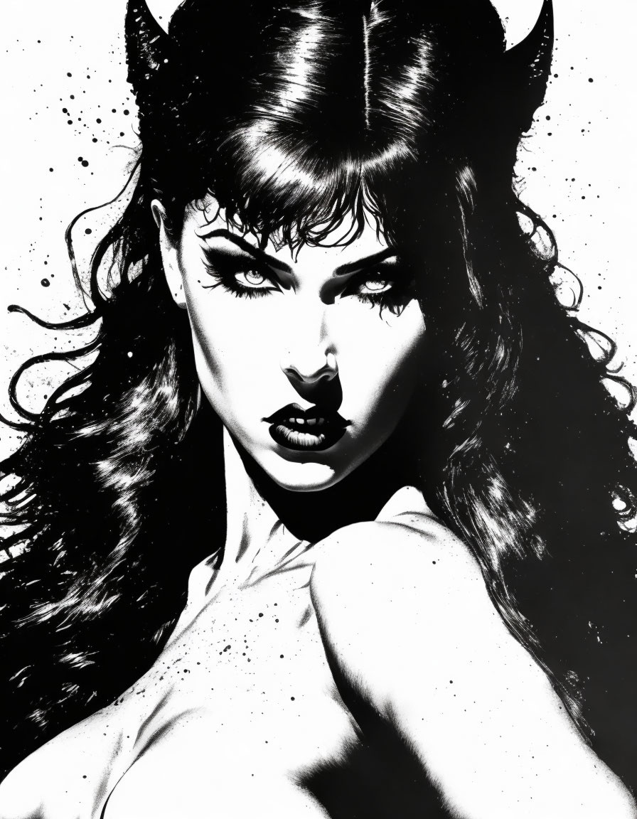 Stylized woman with devil horns and dramatic makeup in monochrome image