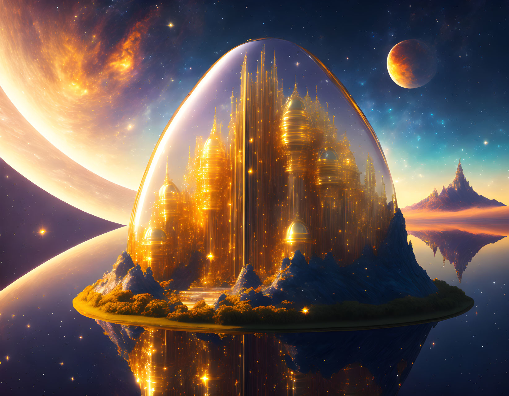 Futuristic city under glass dome on island with cosmic backdrop