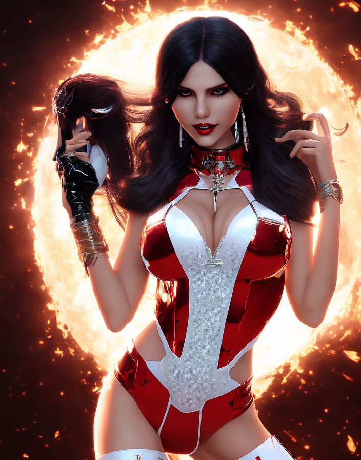 Stylized image of woman with long dark hair and fiery halo background.