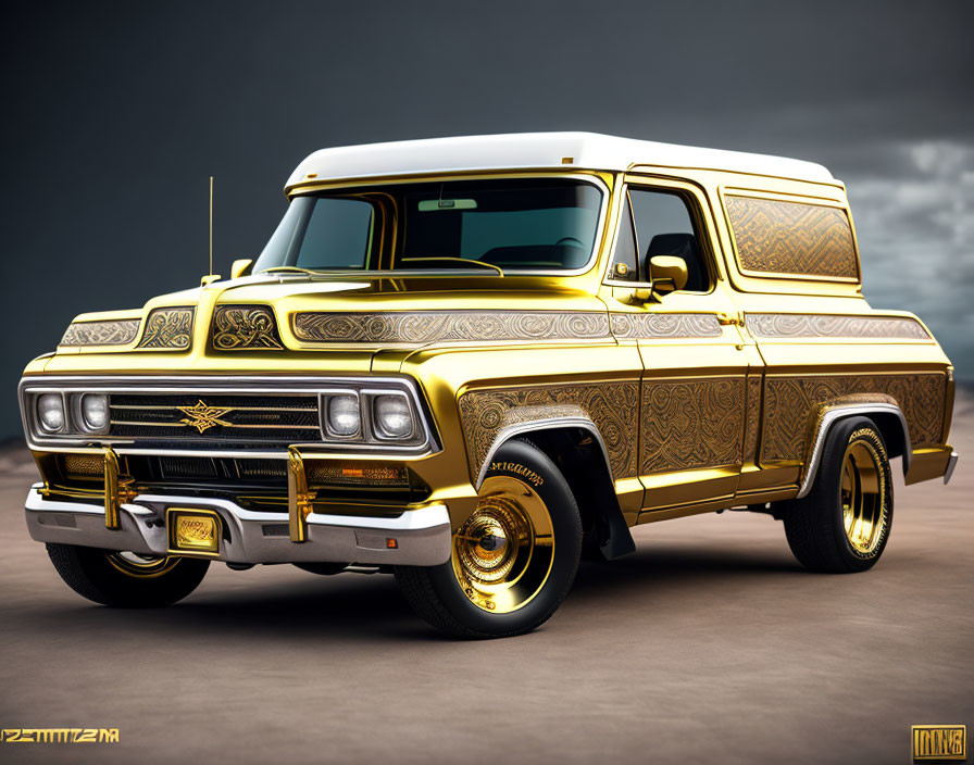 Customized Van with Elaborate Gold Detailing on Gradient Background