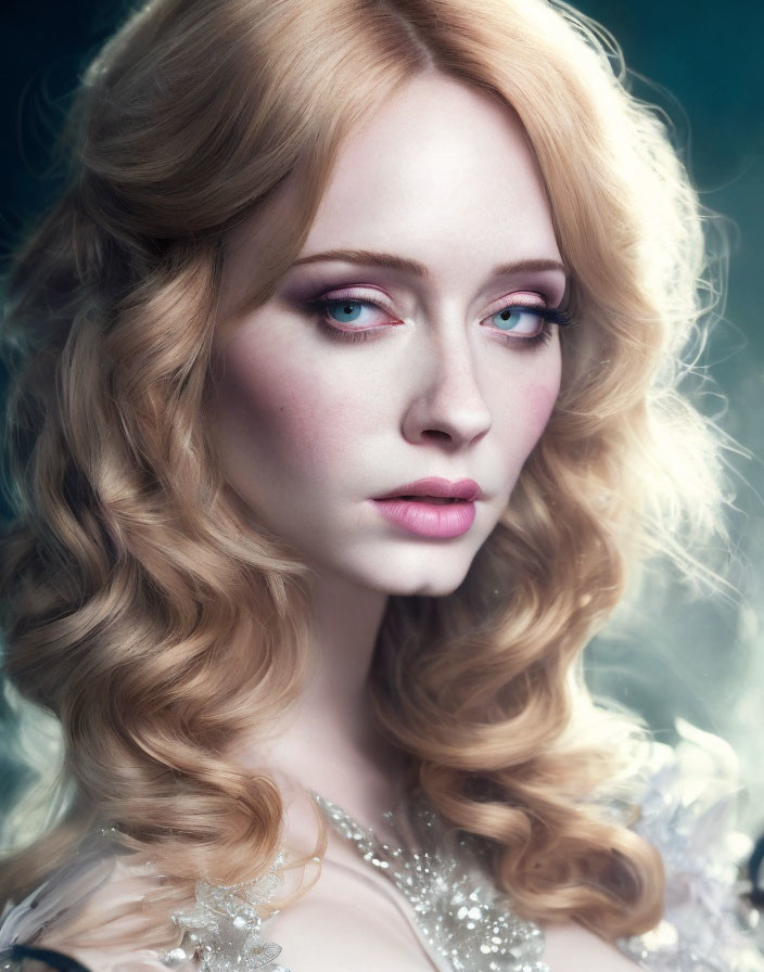 Blonde woman with wavy hair and blue eyes in pink makeup and white dress