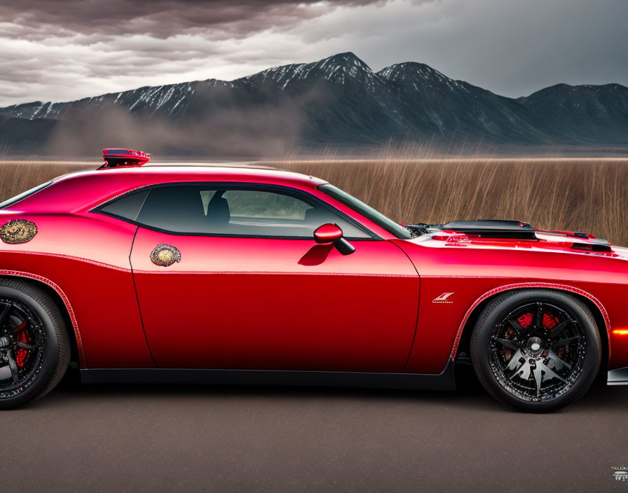 Red Sports Coupe with Black Stripes Parked Near Mountain Field