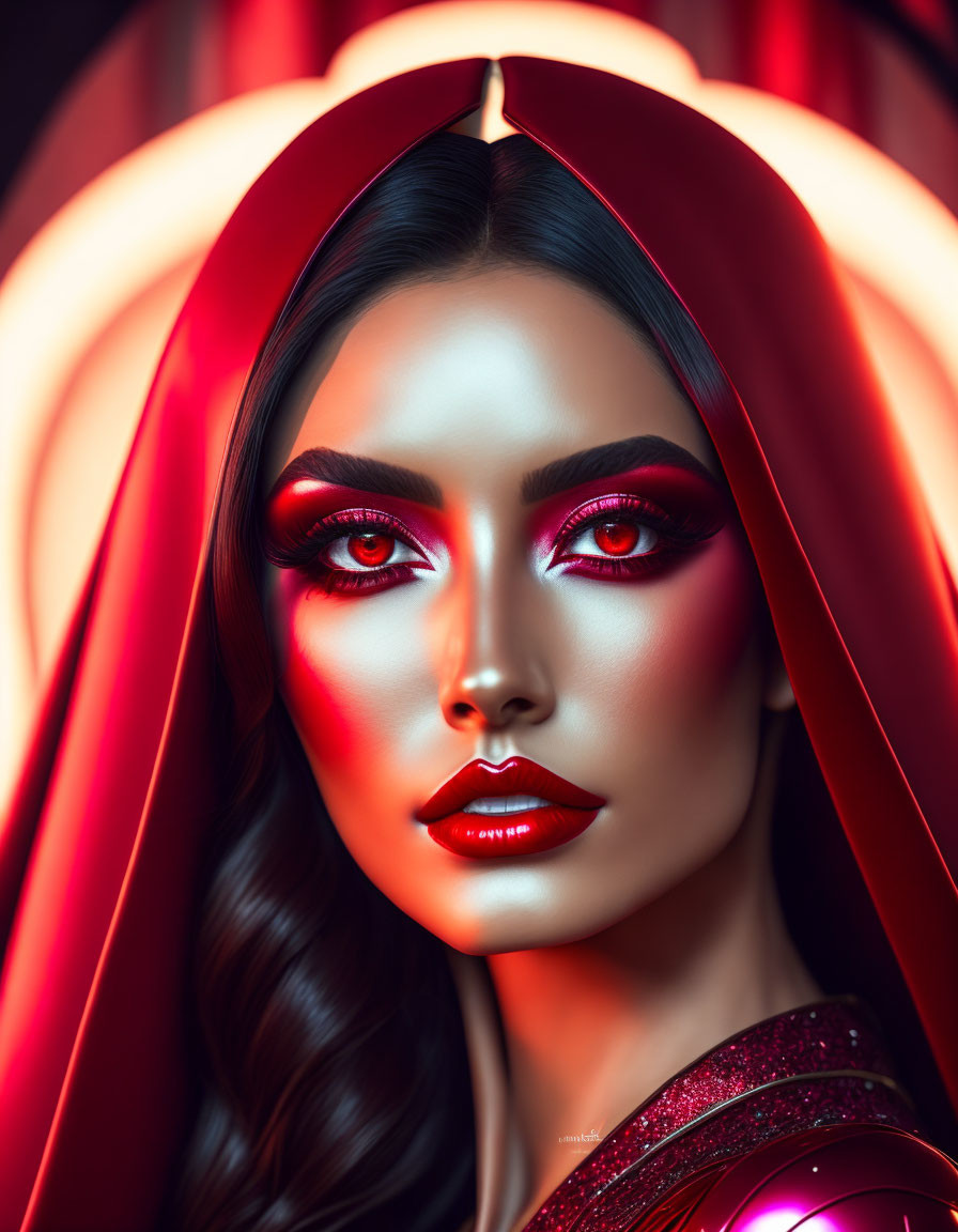 Portrait of Woman in Striking Red Makeup and Hooded Red Cloak