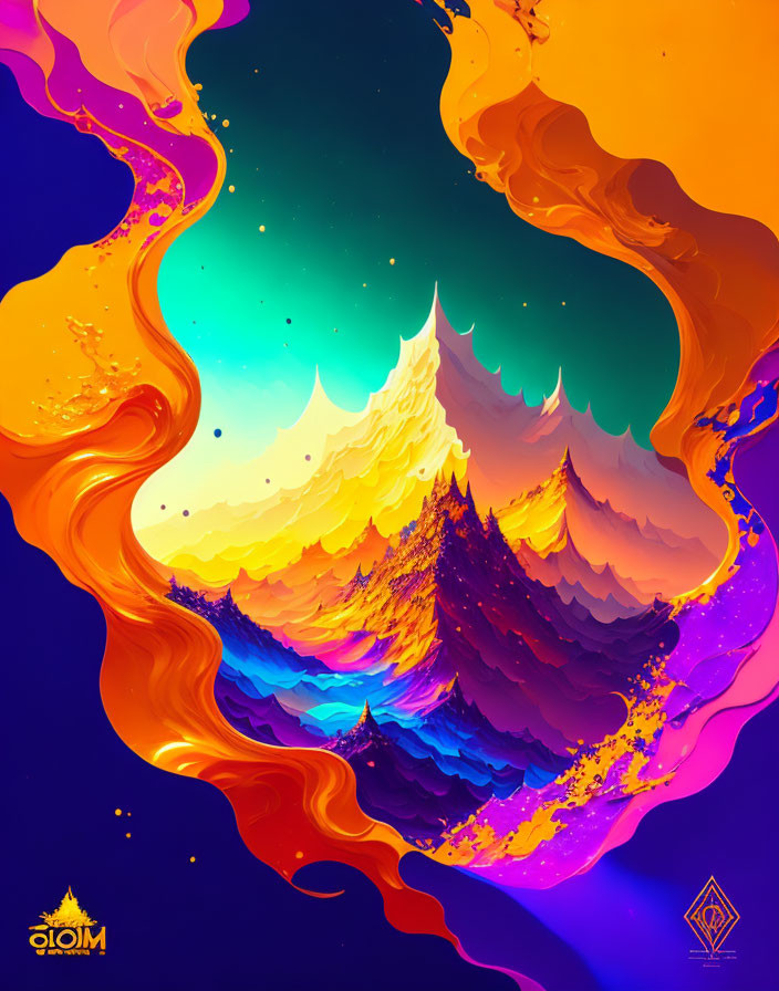 Colorful digital artwork: Swirling mountains under starry sky