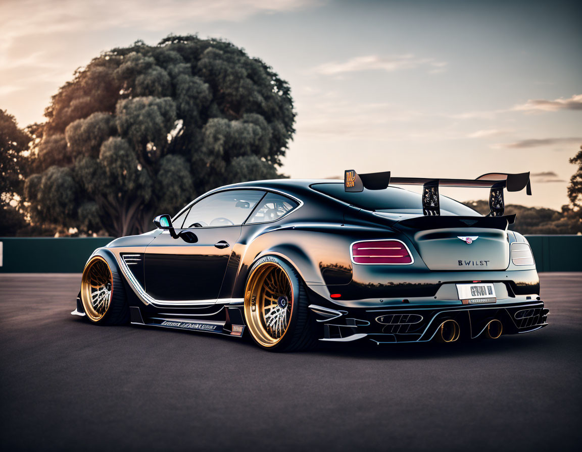 Luxury sports car with rear wing and gold rims on empty road at sunset