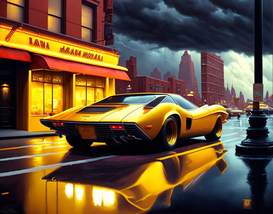 Yellow Sports Car Parked on Wet City Street at Dusk with Neon Signs