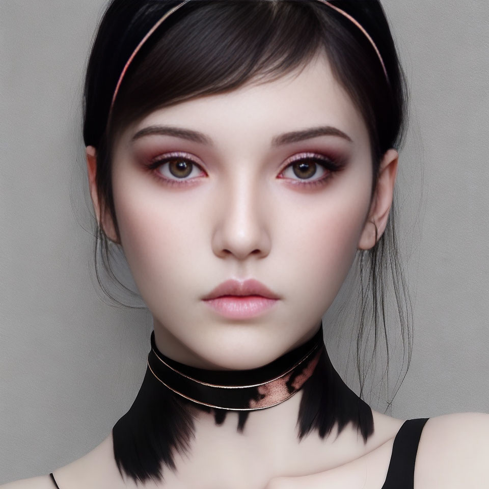 Digital portrait of woman with short black hair, dramatic makeup, black choker, on grey background