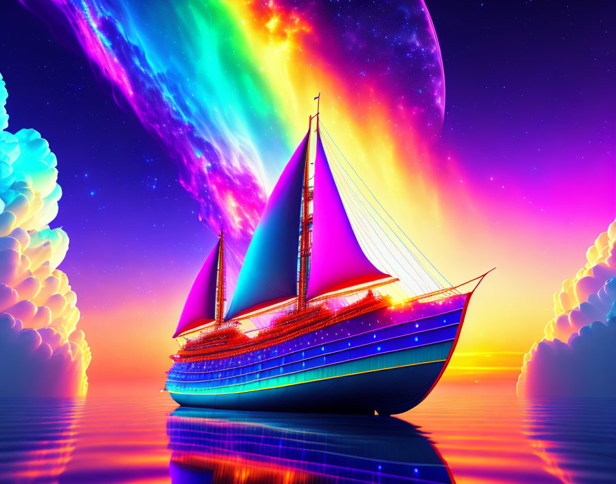 Colorful digital artwork: sailing ship with blue sails on mirrored surface, psychedelic sky, large moon,