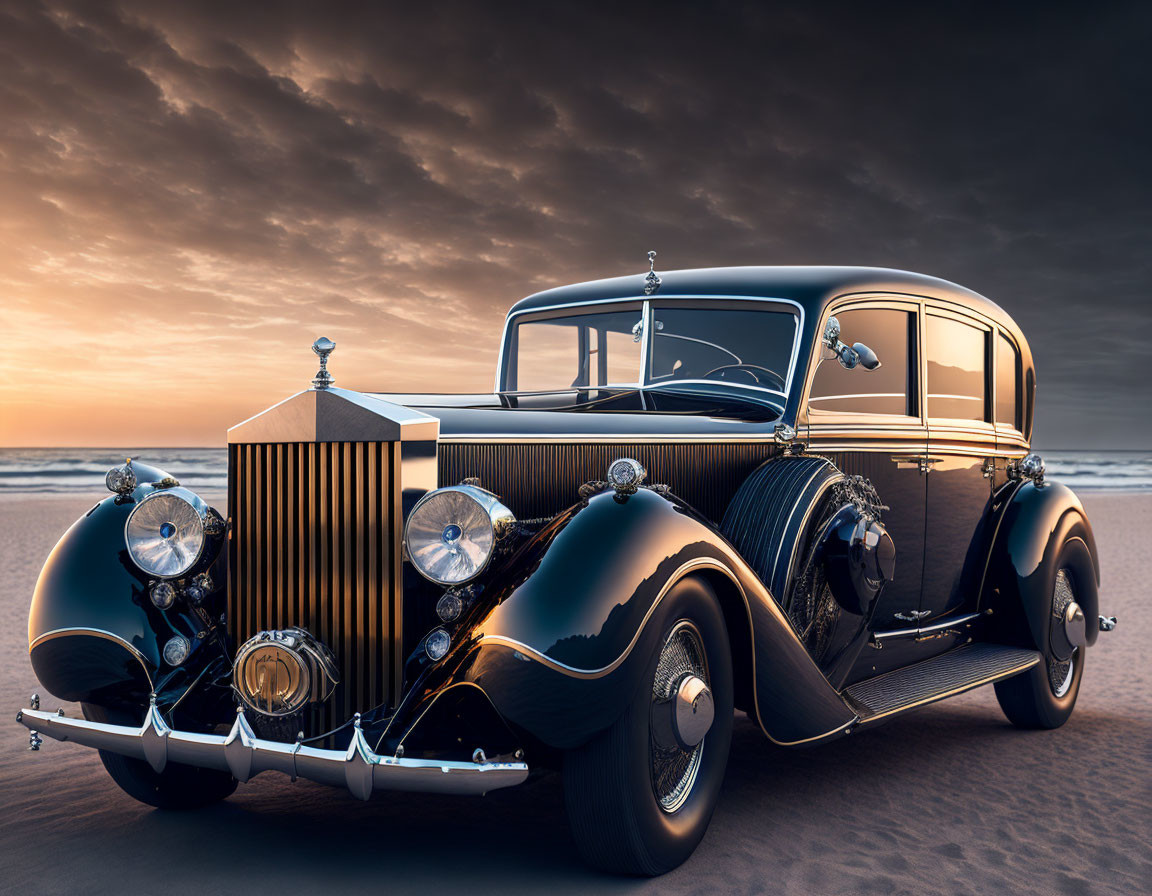 Vintage Black Luxury Car with Chrome Details on Beach at Sunset