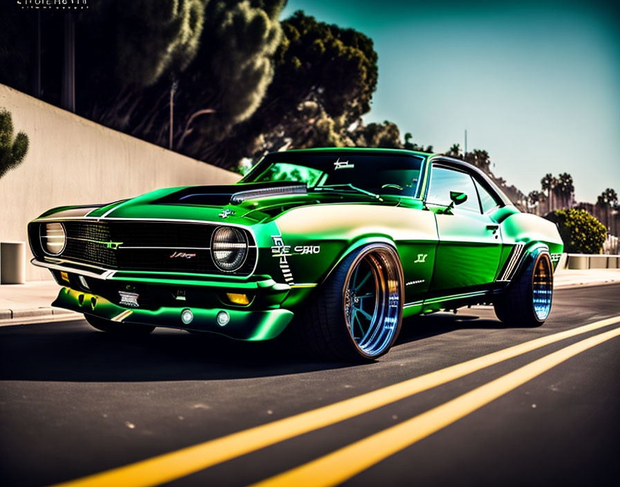 Classic Chevrolet Camaro: Vibrant Green, Black Stripes, Custom Wheels