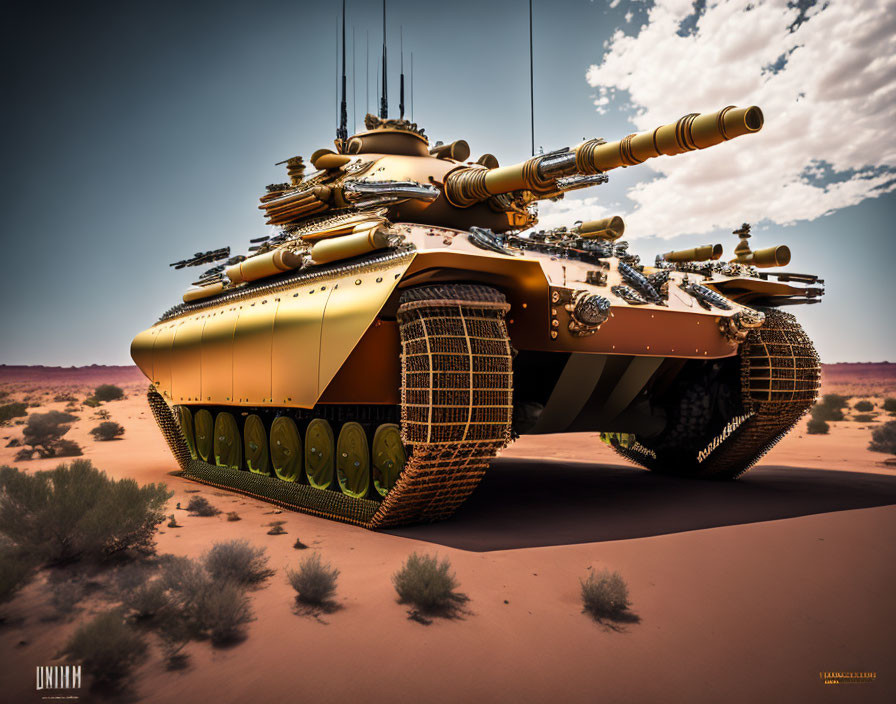 Fantasy Tank with Multiple Barrels in Desert Setting