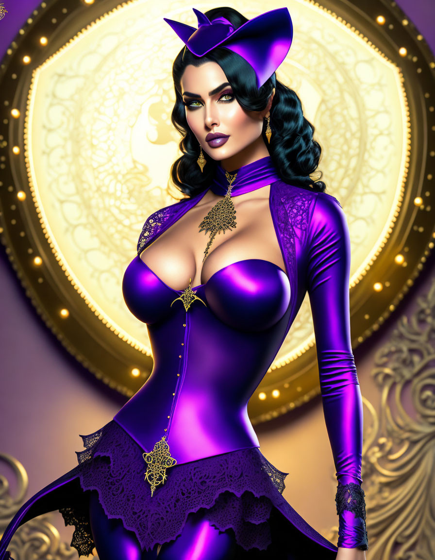 Dark-haired woman in purple burlesque attire on golden background