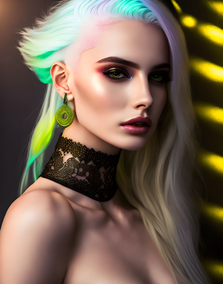 Woman with Pastel-Colored Hair and Striking Makeup in Black Lace Choker and Green Earring