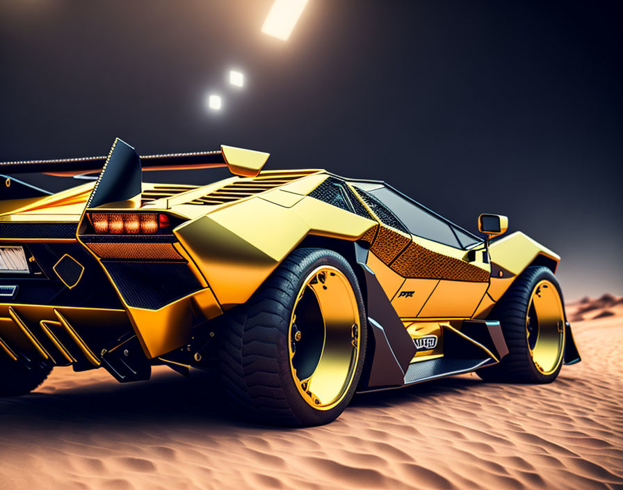 Yellow and Black Geometric-Patterned Sports Car on Sandy Terrain at Dusk