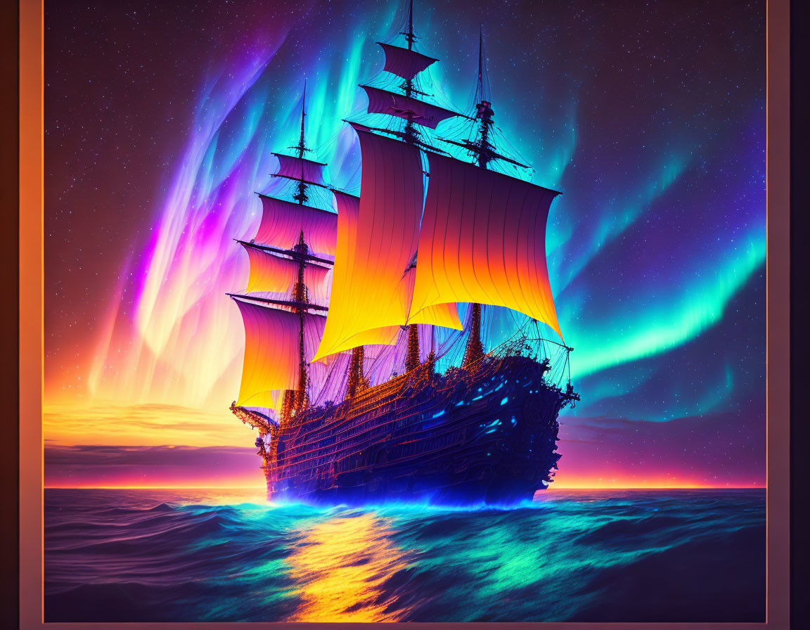 Majestic tall ship sailing on glowing sea under colorful aurora