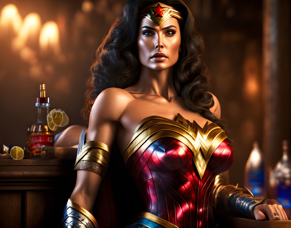 Determined Wonder Woman in Iconic Costume with Blurred Bar Background