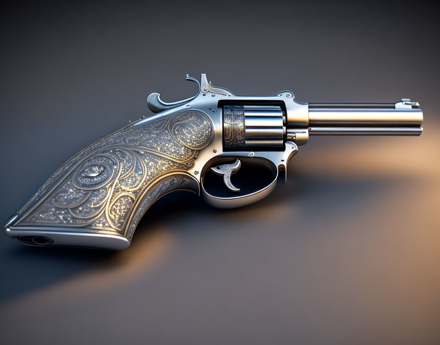 Detailed Silver Revolver with Engravings and Pearl Handle on Gradient Background