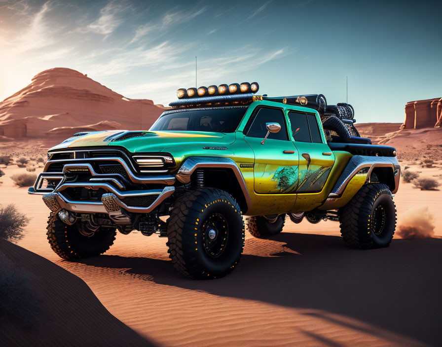 Green and Black Graphics Six-Wheel Truck on Sandy Terrain