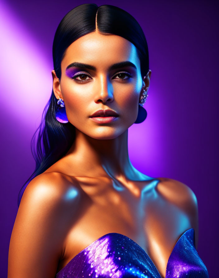 Woman with sleek hair and purple eyeshadow on glowing skin against purple backdrop.