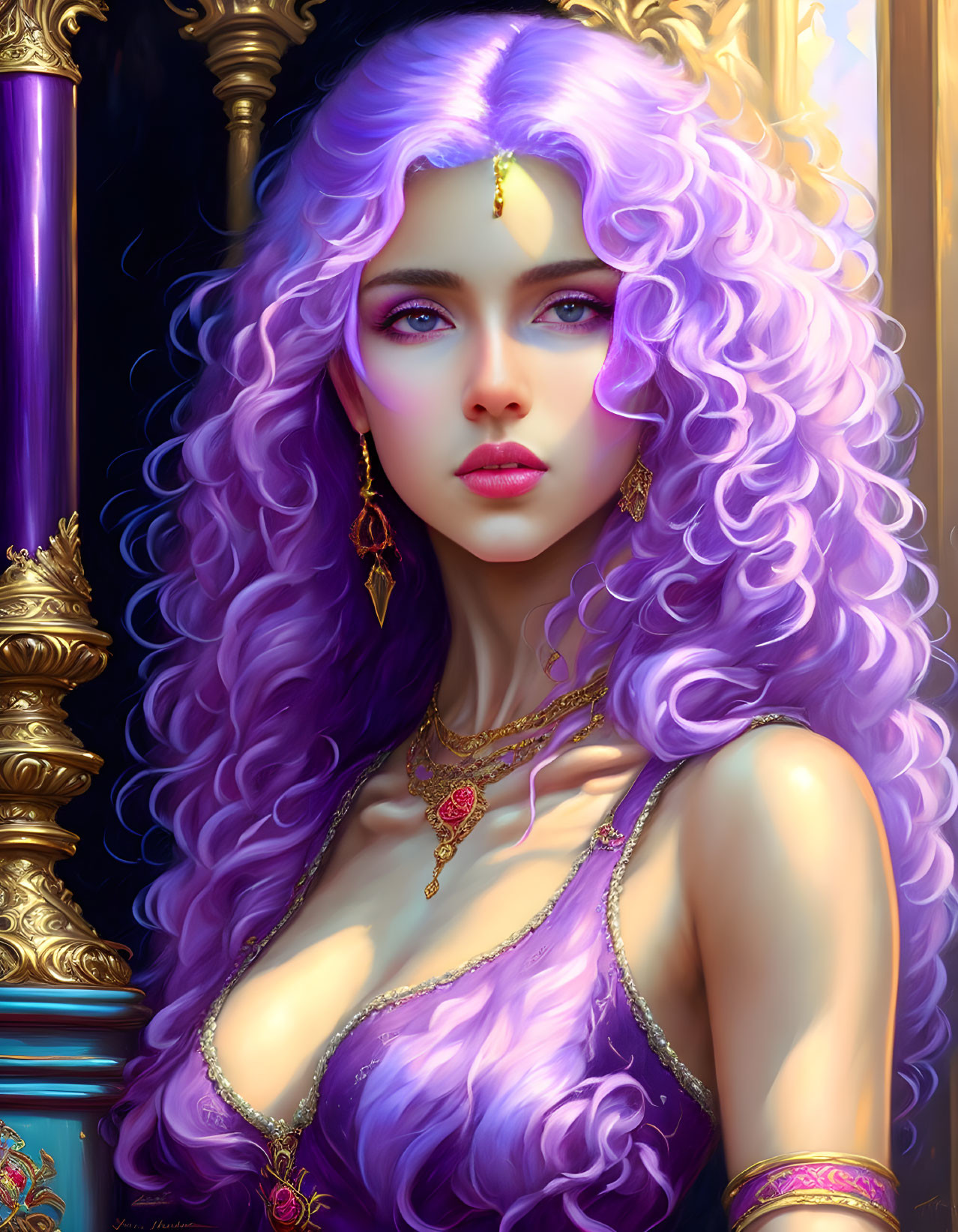 Fantastical digital artwork: Woman with purple hair, blue eyes, and gold jewelry