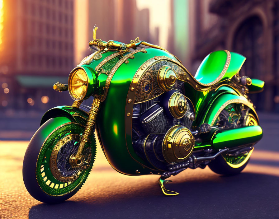 Futuristic steampunk-style motorcycle with green and gold details in cityscape.