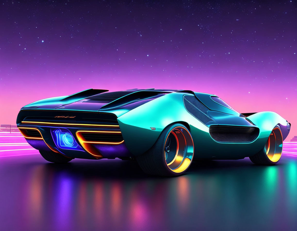 Futuristic car with teal and orange accents under starry sky