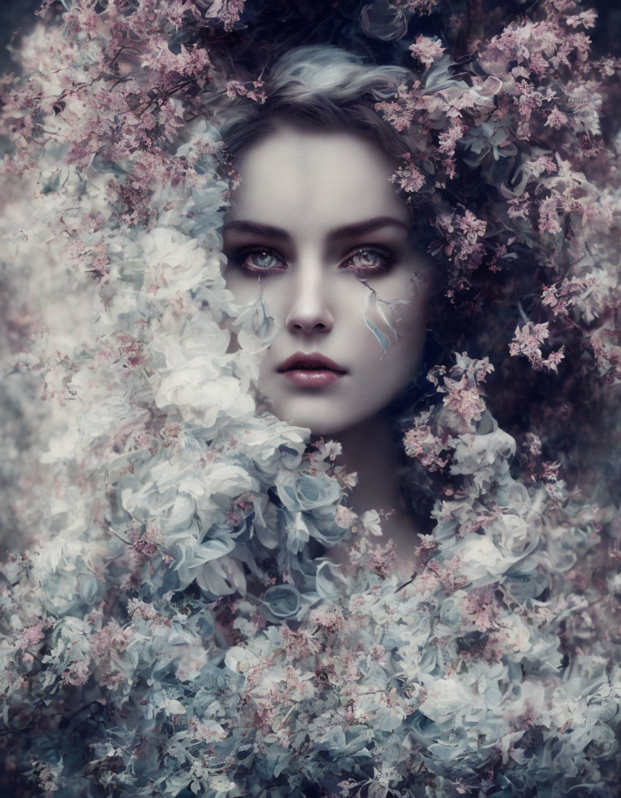 Face in Pale Flowers with Mystic Gaze and Tear-Like Petals