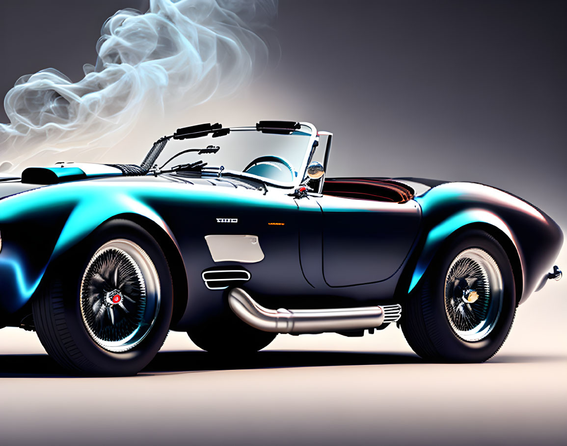 Blue and Black Classic Convertible Sports Car with White-Wall Tires and Chrome Exhaust Pipes on Gradient