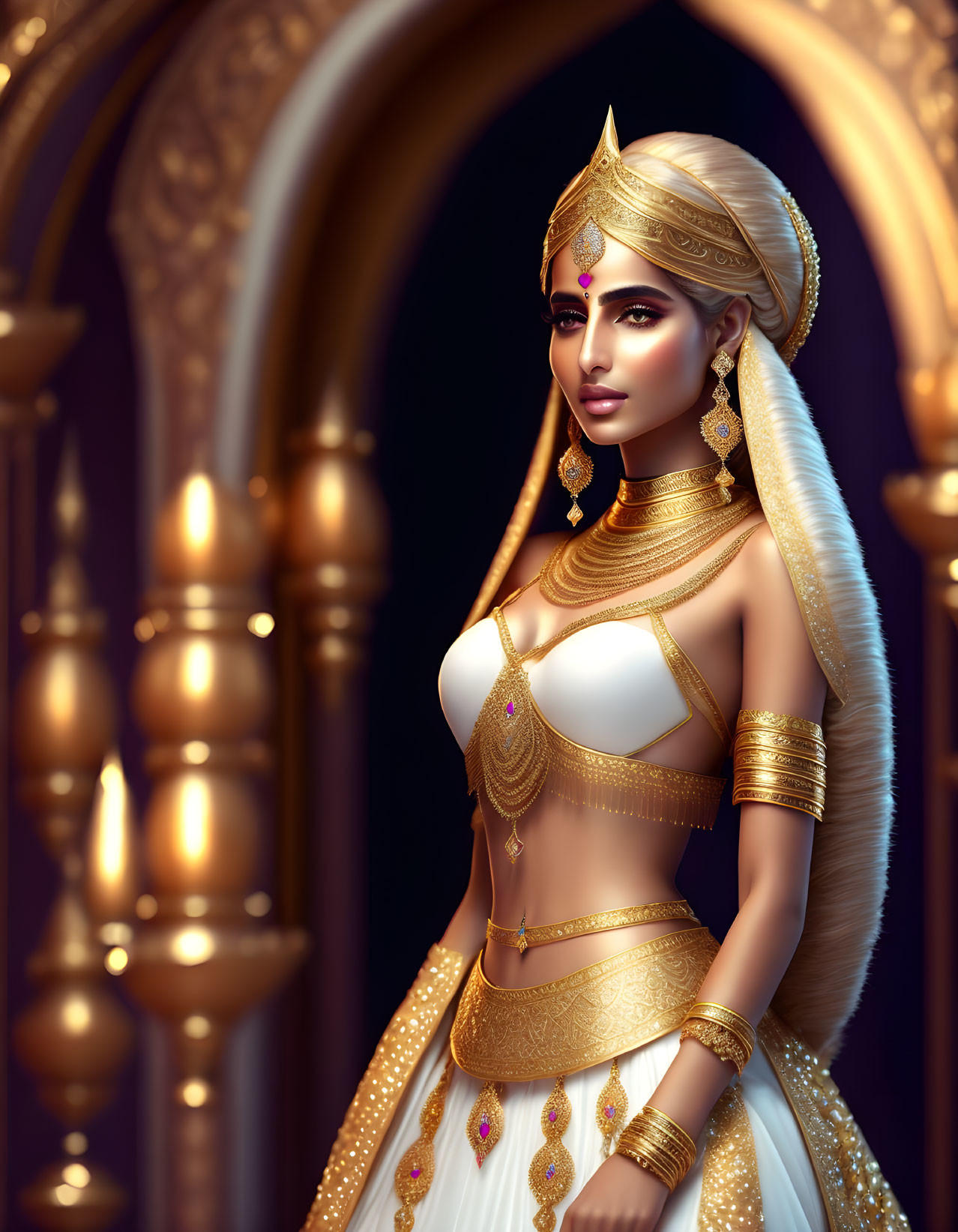 Regal woman in traditional Indian attire with gold jewelry by ornate archways