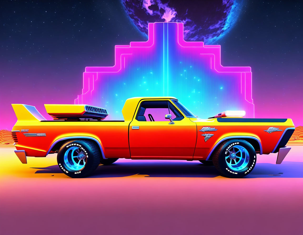 Colorful retro-futuristic pickup truck in neon cityscape under cosmic sky.