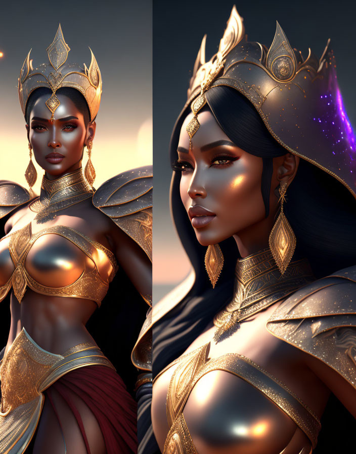 Regal woman in golden armor and crown against sunset background