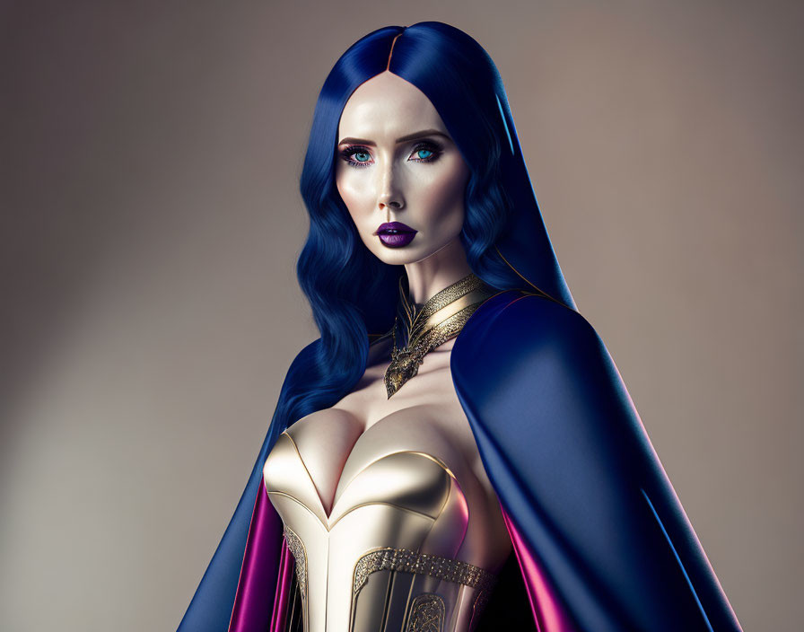 Stylized image of woman with blue hair, gold corset, and blue cape