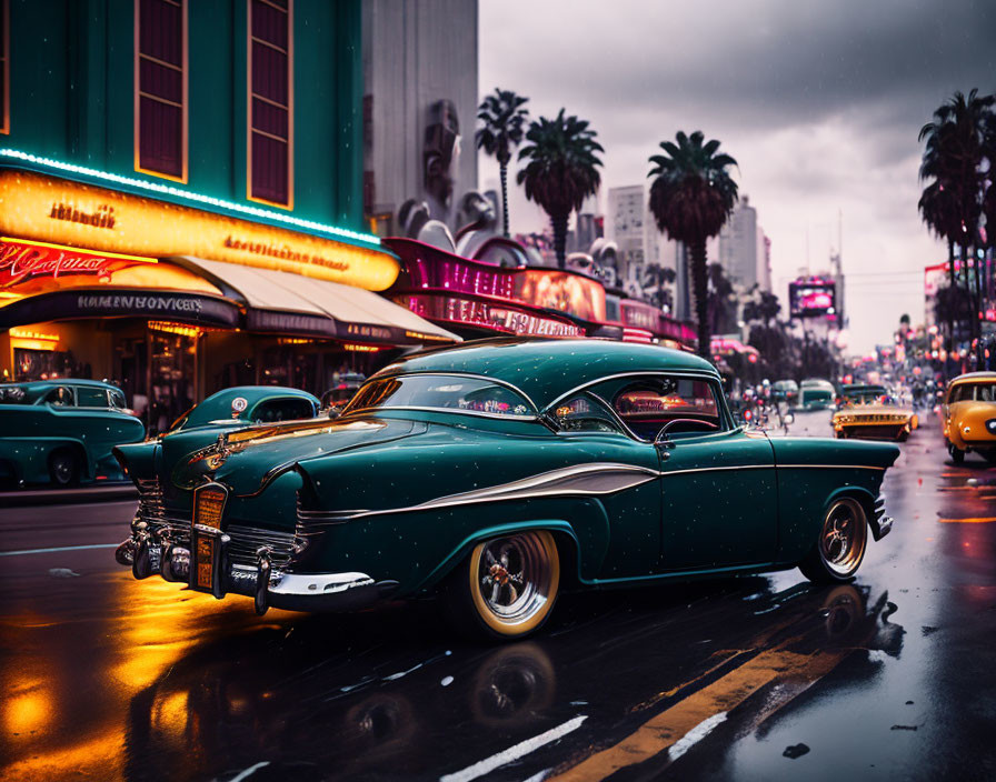 Vintage green car on wet street at dusk with neon signs and palm trees in background.