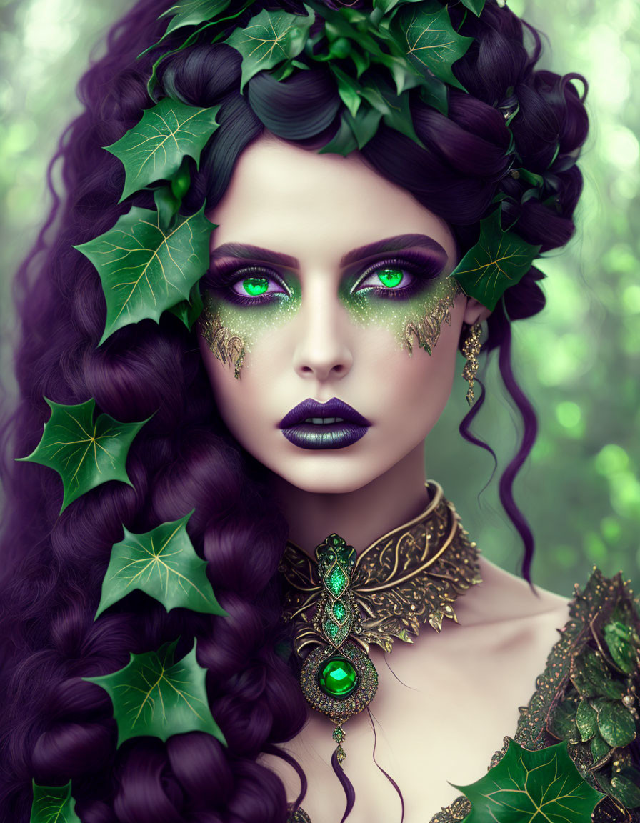 Fantasy portrait of woman with emerald green eyes, ivy leaves in hair, and ornate