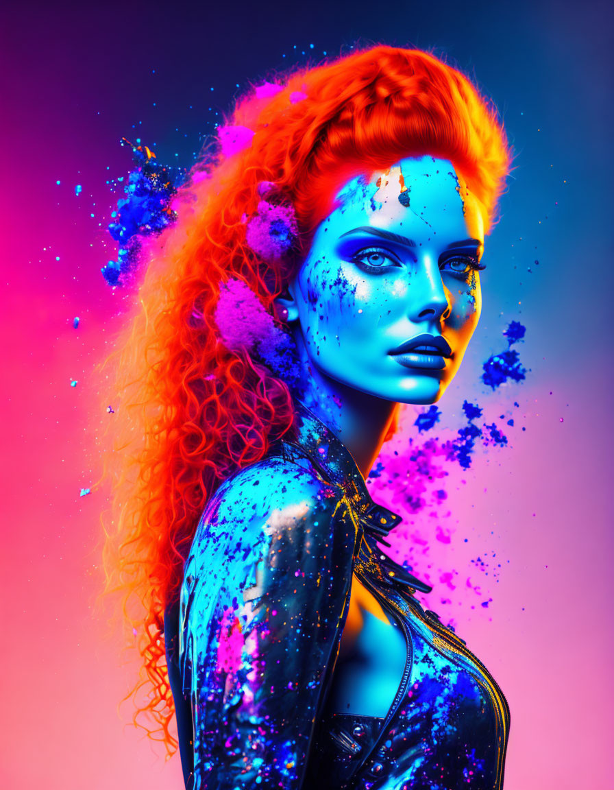 Colorful portrait of woman with red hair and blue skin on neon background.