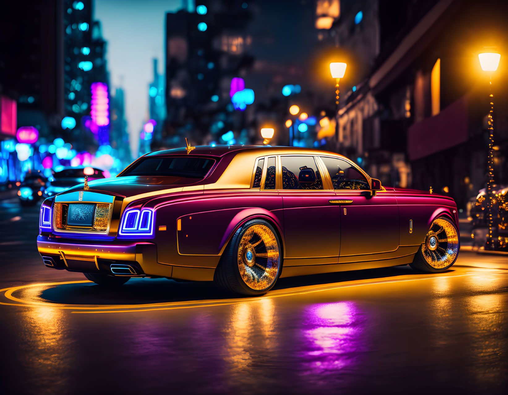 Luxurious Purple Car with Golden Rims in City Night Scene