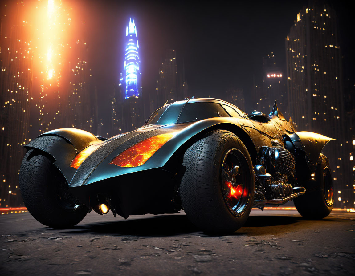 Black Batmobile with red highlights in city night scene