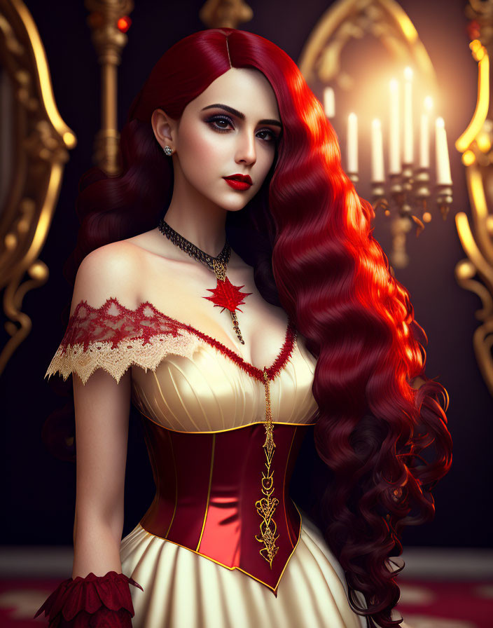 Digital artwork: Woman with red hair in red/gold corset dress, choker, candles in